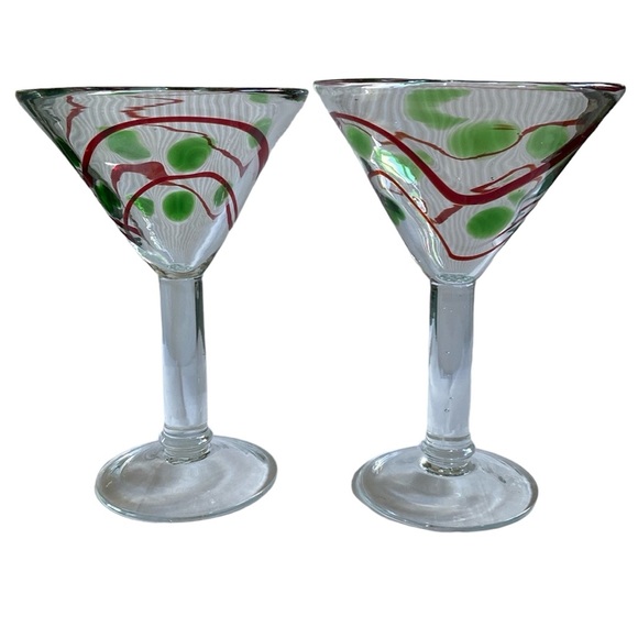 Martini Glasses Set of 2 Hand Blown Clear Glass with Green Dots Red Swirls NICE! - Picture 9 of 9